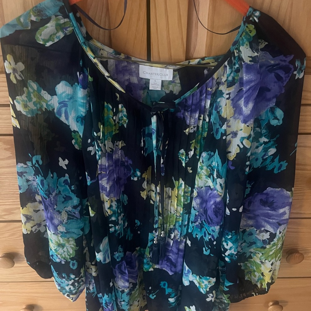 Charter Club Women's Floral Top - Black and Purple L